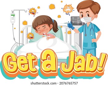 Coronavirus vaccination concept with Jab Time font and doctor cartoon character illustration