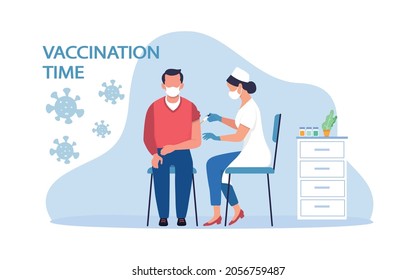 Coronavirus vaccination concept. Man in face mask getting vaccinated against Covid-19 in hospital or Doctor giving Corona virus vaccine injection injecting patient. 