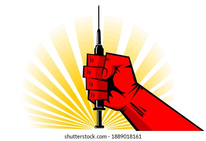 Coronavirus vaccination concept in retro style. Strong  red fist holds a syringe with a vaccine against the background of the rising sun. Vector comic