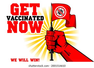 Coronavirus vaccination concept in retro style. Strong  red fist holds a syringe with vaccine and flag against the background of the rising sun. Vector comic