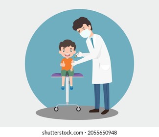 Coronavirus vaccination concept. Vaccine distribution for general population concept illustration. Coronavirus COVID-19 protection. Doctor gives vaccine shot to shoulder of kids in hospital.