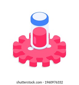 Coronavirus vaccination concept. The vaccine vial is on the virus icon.Isometric vector illustration. Isolated on white background. 