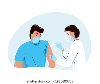 Coronavirus vaccination concept vector background in simple flat modern style. Woman doctor makes injection of disease vaccine to man patient for immunity health. Isolated on white backdrop.