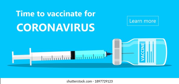 Coronavirus vaccination concept vector. Covid-19 vaccine bottle and syringe injection tool illustration in flat style. Immunization treatment banner for medical website.