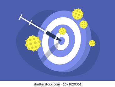 Coronavirus vaccination, dart game, a syringe used as an arrow