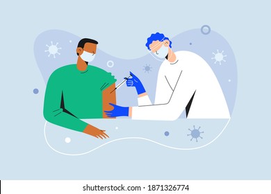 Coronavirus vaccination, doctor injecting a patient, getting first shot of covid vaccine in arm muscle. Medical doctor in protective suit and mask, process of immunization against covid-19, vector
