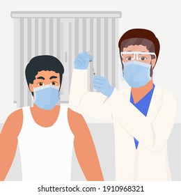 Coronavirus vaccination, doctor injecting a patient. Medical doctor in protective suit and mask, process of immunization against covid-19, vector