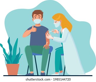 Coronavirus vaccination. Doctor injecting a patient. Vector illustration