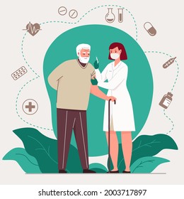 Coronavirus Vaccination. Doctor injecting patient. Vector Illustration concept