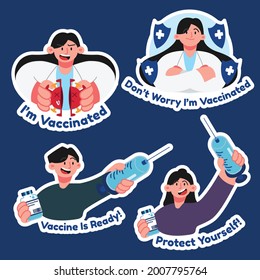 Coronavirus Vaccination, Doctor Injecting A Patient, Getting First Shot Of Covid Vaccine In Arm Muscle. Process Of Immunization Against Covid-19. Vector Illustration, Sticker Pack, Flat Design