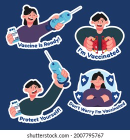 Coronavirus Vaccination, Doctor Injecting A Patient, Getting First Shot Of Covid Vaccine In Arm Muscle. Process Of Immunization Against Covid-19. Vector Illustration, Sticker Pack, Flat Design