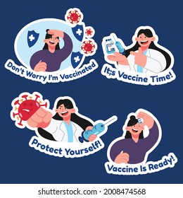 Coronavirus Vaccination, Doctor Injecting A Patient, Getting First Shot Of Covid Vaccine In Arm Muscle. Process Of Immunization Against Covid-19. Vector Illustration, Sticker Pack, Flat Design