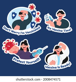 Coronavirus Vaccination, Doctor Injecting A Patient, Getting First Shot Of Covid Vaccine In Arm Muscle. Process Of Immunization Against Covid-19. Vector Illustration, Sticker Pack, Flat Design