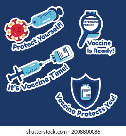 Coronavirus Vaccination, Doctor Injecting A Patient, Getting First Shot Of Covid Vaccine In Arm Muscle. Process Of Immunization Against Covid-19. Vector Illustration, Sticker Pack, Flat Design