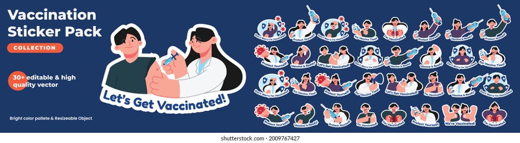 Coronavirus Vaccination, Doctor Injecting A Patient, Getting First Shot Of Covid Vaccine In Arm Muscle. Process Of Immunization Against Covid-19. Vector Illustration, Sticker Pack, Flat Design