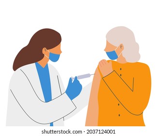 Coronavirus vaccination, doctor injecting a patient. Vector illustration in flat style.