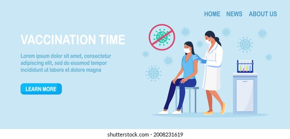 Coronavirus vaccination. Doctor, nurse injecting a patient, getting first shot of covid vaccine in arm muscle. Medical staff in protective face mask. Immunization against covid-19. Vector illustration