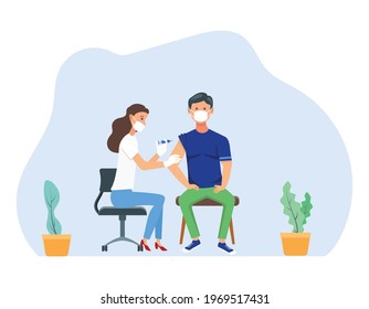 Coronavirus vaccination flat vector illustration. Female doctor injecting vaccine into patient's arm.