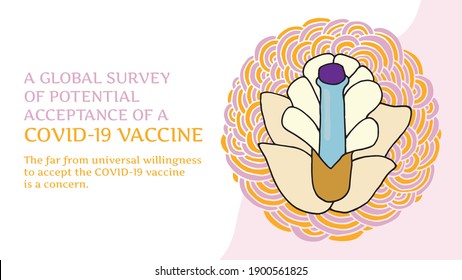 Coronavirus vaccination. A flower with a Ampoule. Website header or banner in Colored Doodle style. A global survey of potential acceptance of a COVID-19 vaccine. Vector EPS 10