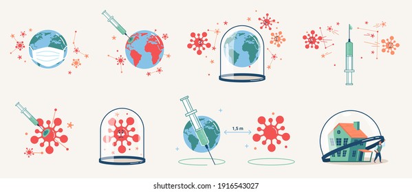 Vacunación de coronavirus, globo en cuarentena con mascarilla protectora, vacuna de jeringa en el planeta Tierra, mundo y escudo, lucha contra el covid 19. Mantener la distancia social, quedarse en casa, inmunización mundial