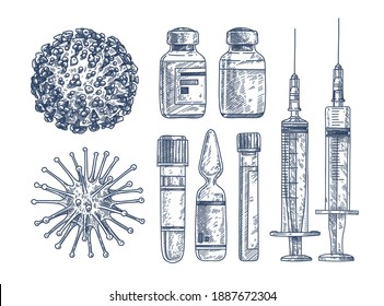 Coronavirus vaccination illustrations set. Coronovirus 2019 virus, vaccine vials, test tubes, medical syringes. Hand-drawn illustration in sketch style.