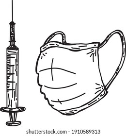 Coronavirus vaccination illustrations set with isolated medical syringe and mask.