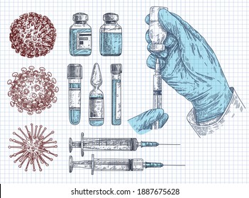 Coronavirus vaccination illustrations set in sketch styles on worksheet. Coronovirus 2019 virus, vaccine vials, test tubes, medical syringes, vaccination, gloves. Hand-drawn illustration 