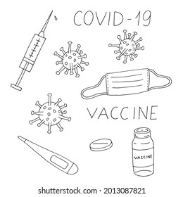 Coronavirus vaccination kit. Syringe. Mask. Virus. Vaccine bottle. Pandemic. Thermometer. Tablet. Coronavirus. Covid-19. Doodle. Hand-drawn illustration. Silhouette. Black and white outline. Coloring