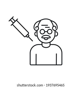 Coronavirus vaccination linear icon with old man and syringe. Medicine and health care concept. Thin line customizable illustration. Vector isolated outline drawing. Editable stroke