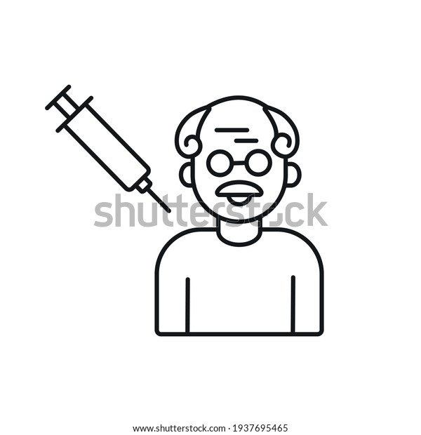 Coronavirus\
vaccination linear icon with old man and syringe. Medicine and\
health care concept. Thin line customizable illustration. Vector\
isolated outline drawing. Editable\
stroke