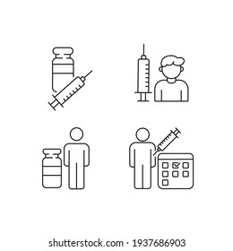 Coronavirus vaccination linear icon set with syringe and bacteria. Medicine and health care concept. Thin line customizable illustration. Vector isolated outline drawing. Editable stroke