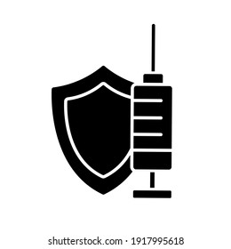 Coronavirus vaccination linear icon with shield and syringe. Medicine and health care concept. Thin line customizable illustration. Vector isolated outline drawing.