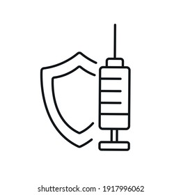 Coronavirus vaccination linear icon with shield and syringe. Medicine and health care concept. Thin line customizable illustration. Vector isolated outline drawing. Editable stroke