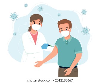 Coronavirus vaccination, man and a doctor with a syringe. Concept vector illustration in flat cartoon style