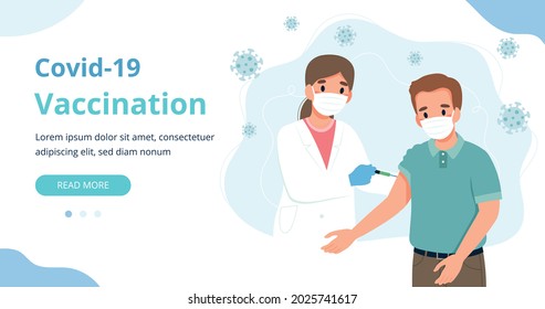 Coronavirus vaccination, man and a doctor with a syringe. Banner vector illustration in flat cartoon style