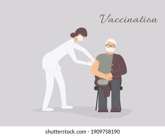 Coronavirus vaccination of patient by doctor.Older man in protective medical mask get virus grafting at physician cabinet. Therapist hold syringe with dose of medicine.Nurse vaccinate pensioner.Vector