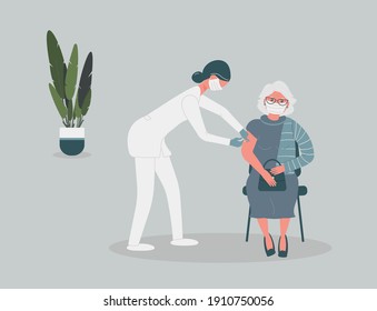 Coronavirus vaccination of patient by doctor.Older woman in protective medical mask get virus grafting. Therapist hold syringe with dose of medicine.Nurse vaccinate pensioner.Vector