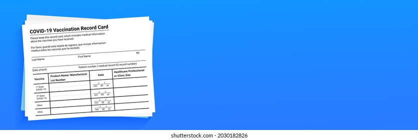 Coronavirus vaccination record card over blue background with copy space. View from above. Concept of defeating Covid-19. Vector illustration banner