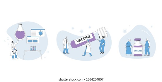 Coronavirus vaccination set. Corona virus treatment complete development. Laboratory finding prevention. Doctors conclude phase 3 study of covid medicine candidate. 