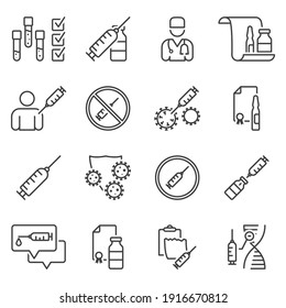 Coronavirus vaccination simple icons set. Linear images of 16 icons including drug development, infection protection, certification. Isolated vector on a pure white background.