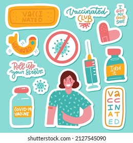 Colocación de pegatinas de vacunación de coronavirus. Lo hice, club vacunado, enrolla la manga, jeringa, viel, parche. Ilustración de vectores dibujada a mano. Citas con letras motivacionales e inspiradoras