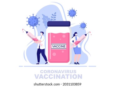 Coronavirus Vaccination With Syringe Injection Tool And Medicine, Doctors To Help Provide Covid 19 Vaccines For Self-Protection or Maintaining Health. Vector Illustration