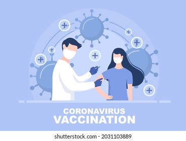 Coronavirus Vaccination With Syringe Injection Tool And Medicine, Doctors To Help Provide Covid 19 Vaccines For Self-Protection or Maintaining Health. Vector Illustration