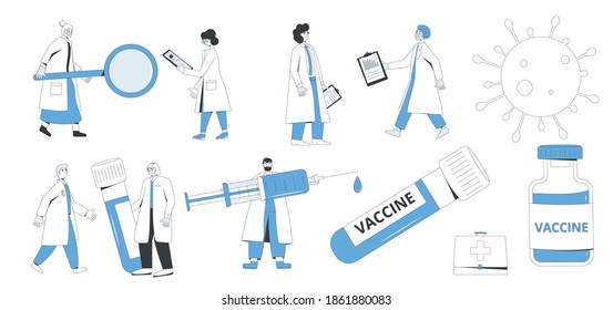 Coronavirus vaccination and treatment set. Doctors, scientists and medical symbols isolated on white background. Corona virus research complete development. Vector illustration.