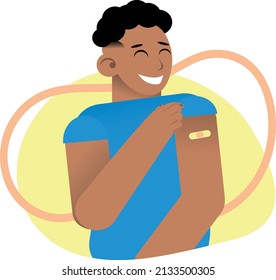 Coronavirus vaccination, vaccinated happy man, black hair, blue tshirt, black man, covid-19 immunization process, vector 
