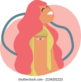 Coronavirus vaccination, vaccinated happy woman, pink hair, yellow tshirt, covid-19 immunization process, vector.eps