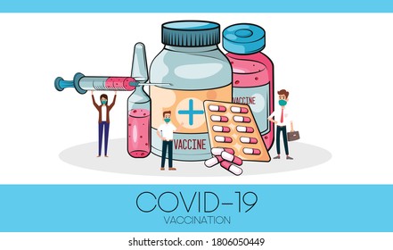 Coronavirus vaccination. Vaccine. Ampoule, Syringe with vaccine. Vector illustration. Flat cartoon. Banner. 