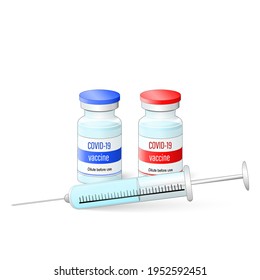 coronavirus Vaccination. vial of vaccine against virus and Medical disposable syringe with needle. COVID-19. Two dose. Vector illustration. easy to edit color