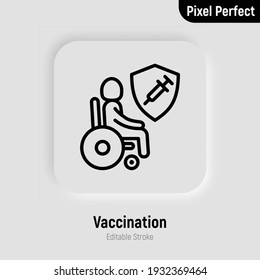 Coronavirus vaccination. Virus protection: disabled is protected by shield with vaccine. Immune system, antibiotics. Thin line icon. Pixel perfect, editable stroke. Vector illustration.