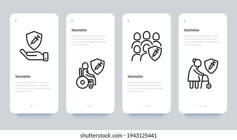 Coronavirus vaccination. Virus protection: disabled, group of people, elderly woman are protected by shield with vaccine. Thin line icon. Pixel perfect, editable stroke. Vector illustration.